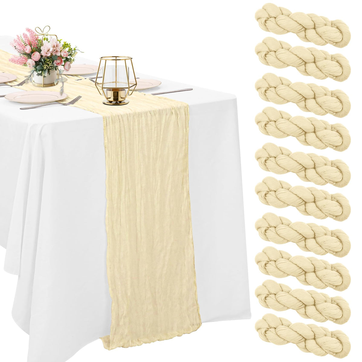 10 Pack Dusty Pink Cheesecloth Table Runner 10FT Boho Gauze Fabric Table Runner Vintage Rustic Sheer Runners for Wedding Party Bridal Baby Shower Long Table Decorations
