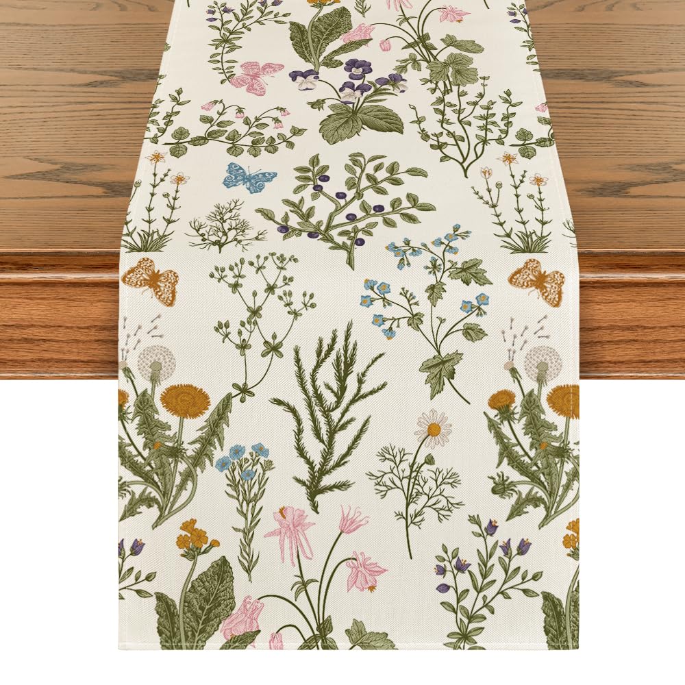 Artoid Mode Wildflowers Floral Spring Table Runner, Seasonal Summer Butterfly Kitchen Dining Table Decoration for Home Party 13x72 Inch