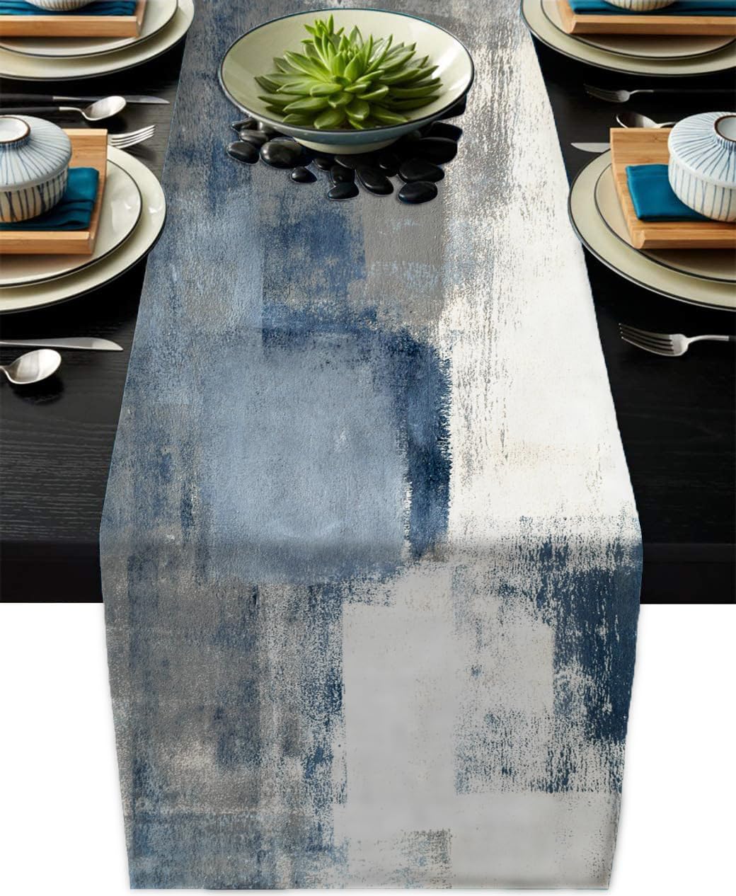 Blue Grey Table Runners Modern Art Farmhouse Linen Table Runners Dresser Scarves Retro Rustic Style for Party Kitchen Dining Table Coffee Holiday Party Decor (Blue Grey, 13"x 71")