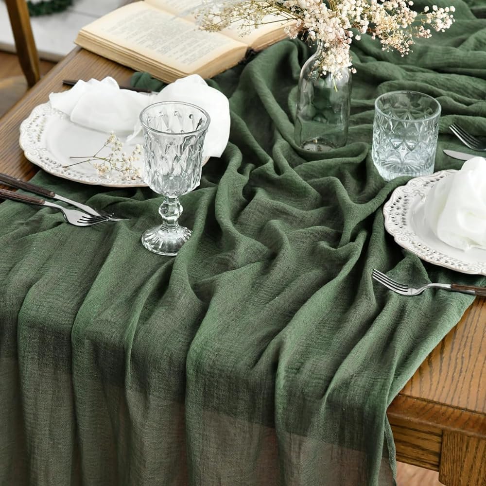 Artoid Mode Boho Forest Green 10Pcs Cheesecloth Gauze Table Runner, 120 Inch Seasonal Fabric Kitchen Dining Holiday Table Decor for Home Party Indoor