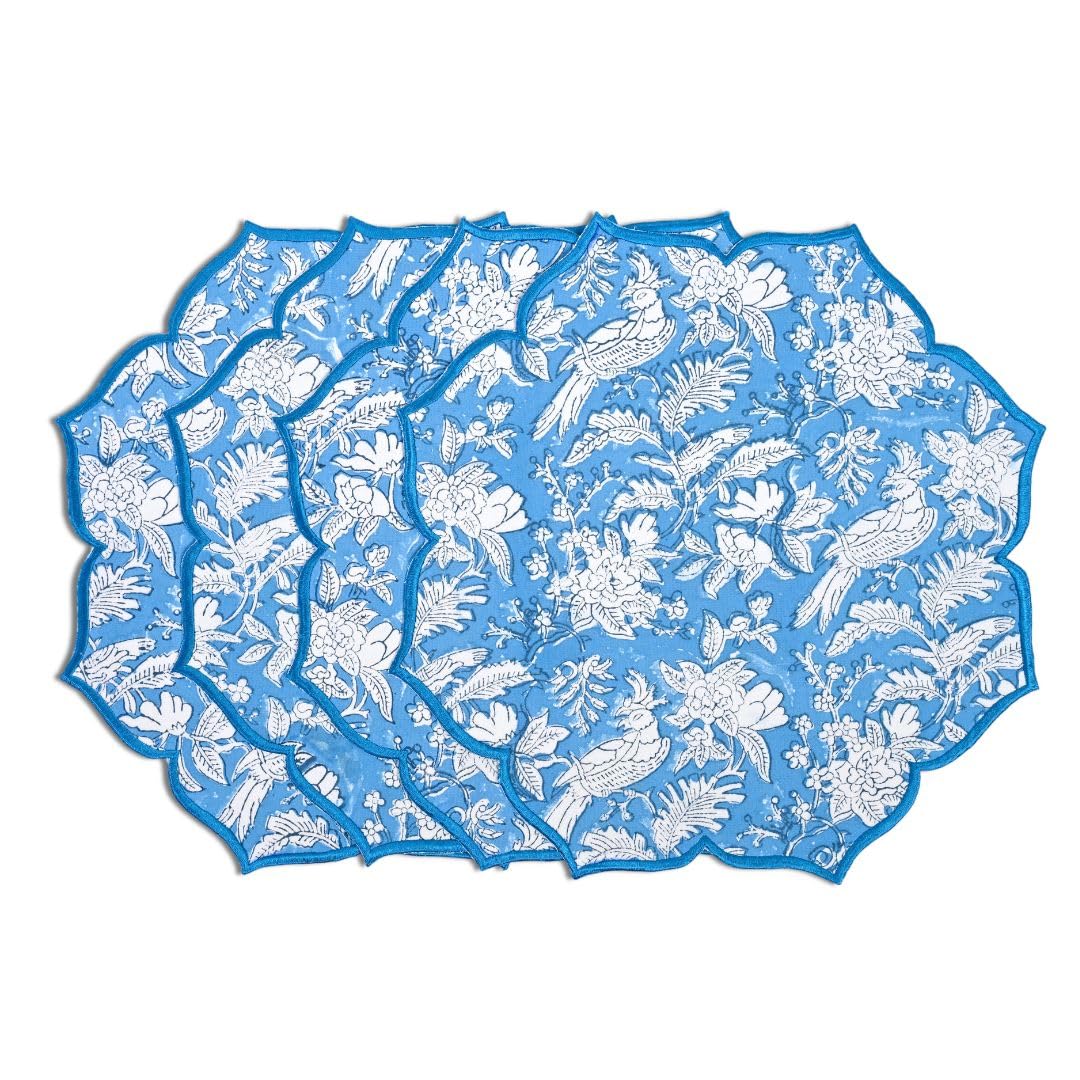 CPC Agate Green Block Print Cotton Floral Placemat 15x15 Inch, Set of 4