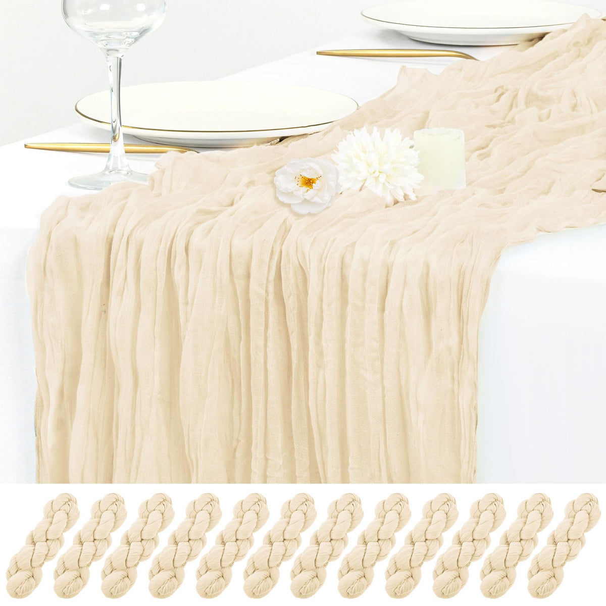 12 Pack Beige Cheesecloth Table Runner 17x108 Inch Boho Gauze Cheese Cloth Table Runners Rustic Sheer Runner for Wedding Party Baby Shower Birthday Home Decor