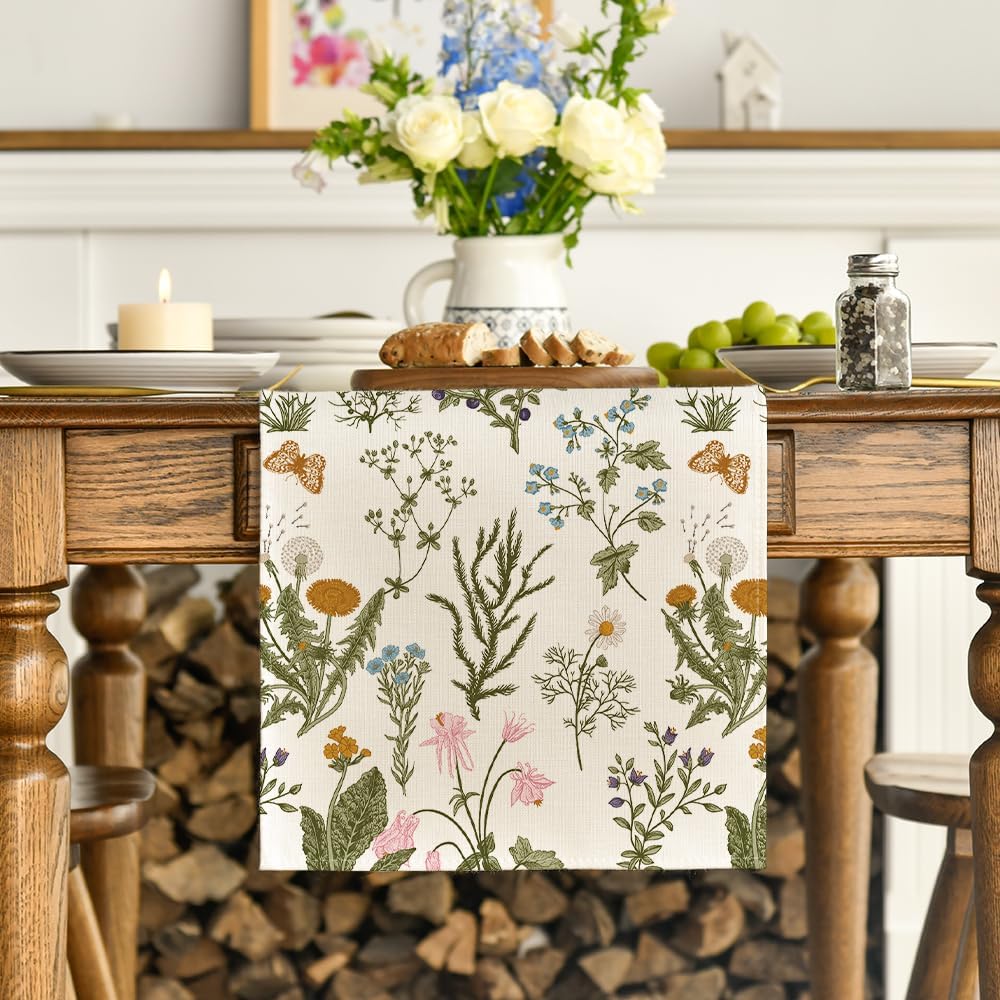 Artoid Mode Wildflowers Floral Spring Table Runner, Seasonal Summer Butterfly Kitchen Dining Table Decoration for Home Party 13x72 Inch