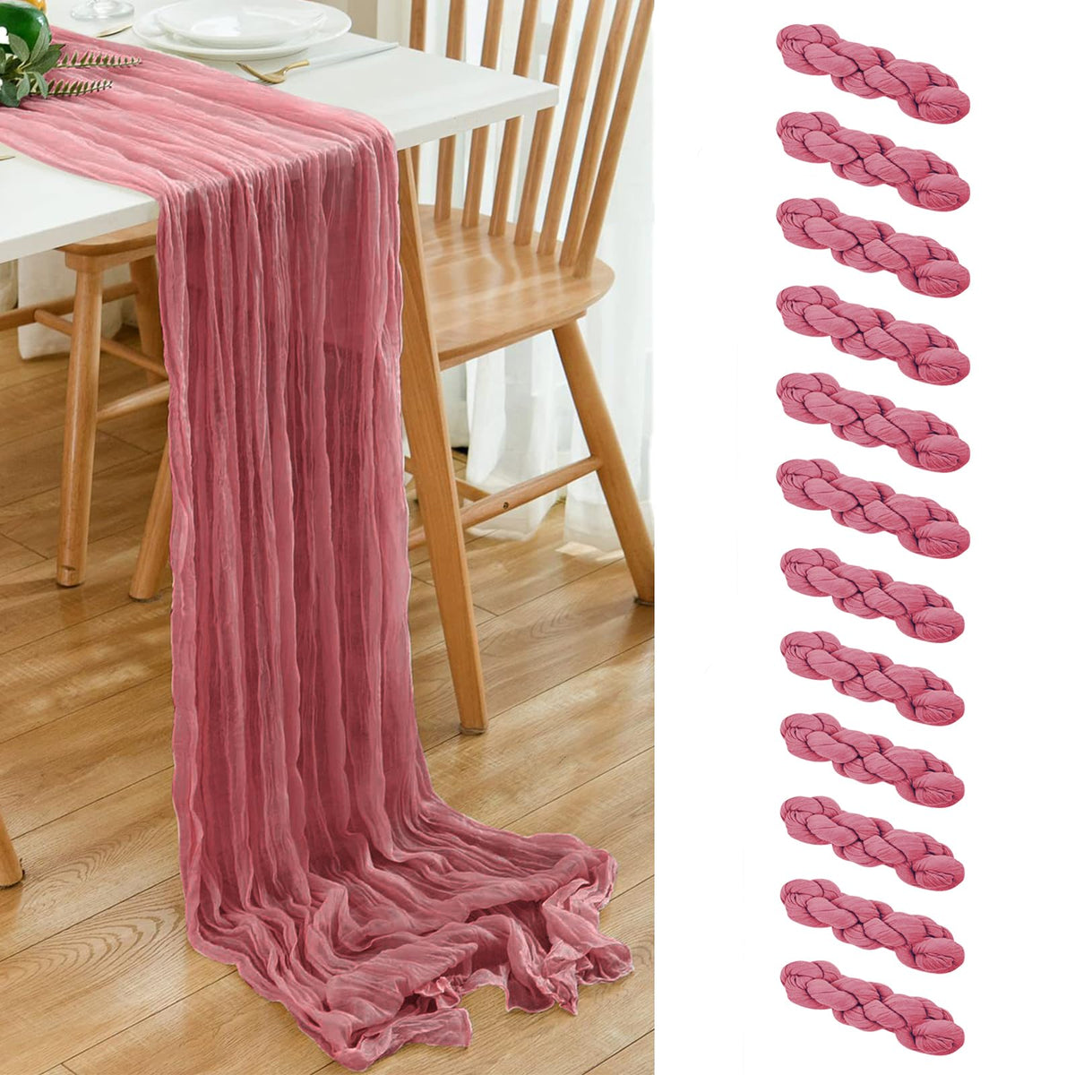 6 Pack Brown 10 Ft Cheesecloth Table Runner 20x120 Inch Boho Wrinkled Sheer Romantic Gauze Decor for Wedding, Bridal Shower, Birthday Party