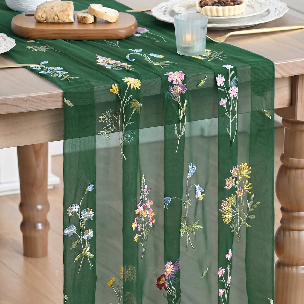 Artoid Mode Floral Apricot Gauze Embroidery Table Runner 120 Inch 10FT