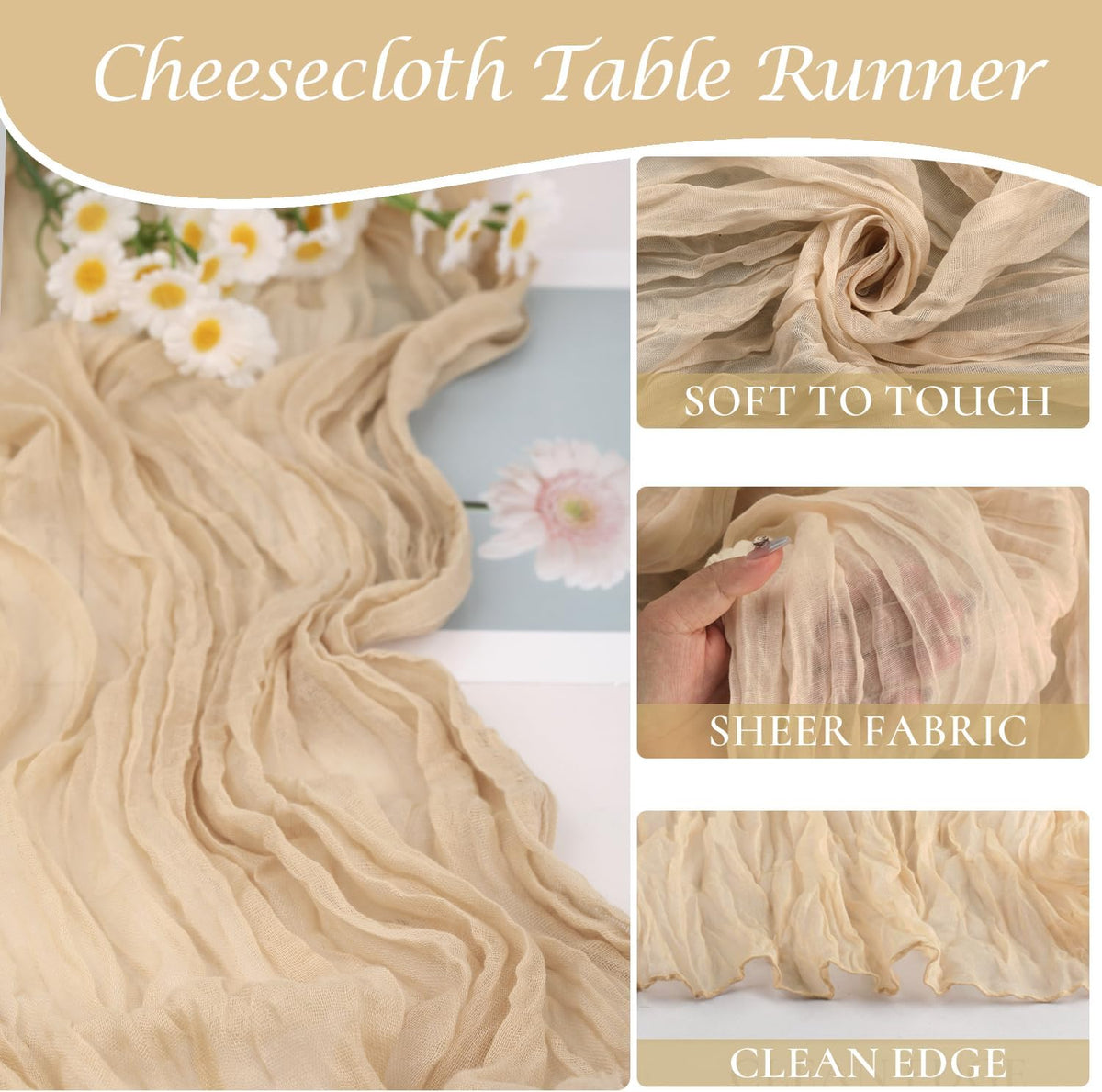 12 Pack Champagne Cheesecloth Table Runner 35x120 Inches, Summer Cheese Cloth Table Runner 10FT Boho Sheer Gauze Runner for Bridal Shower Wedding Baby Shower Party Decor