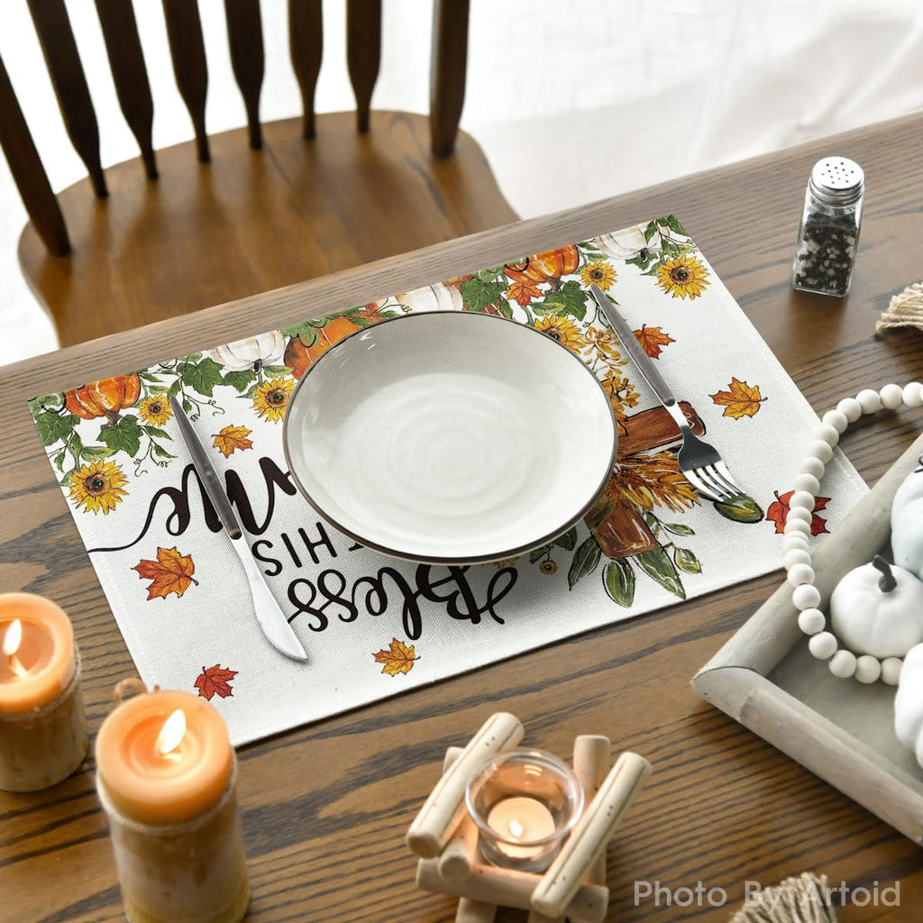 Artoid Mode Pumpkins Floral Fall Placemats Set of 4-12 x 18 Inch