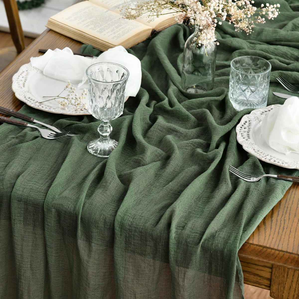 Artoid Mode Boho Forest Green 10Pcs Cheesecloth Gauze Table Runner, 120 Inch Seasonal Fabric Kitchen Dining Holiday Table Decor for Home Party Indoor