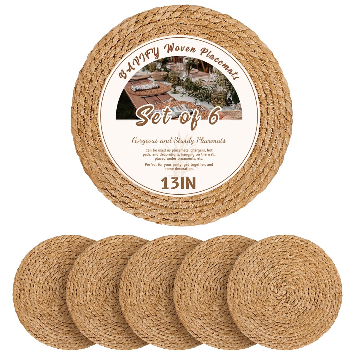 BAVIFY 13" Round Woven Placemats Set of 10, Plate Chargers for Dining Table
