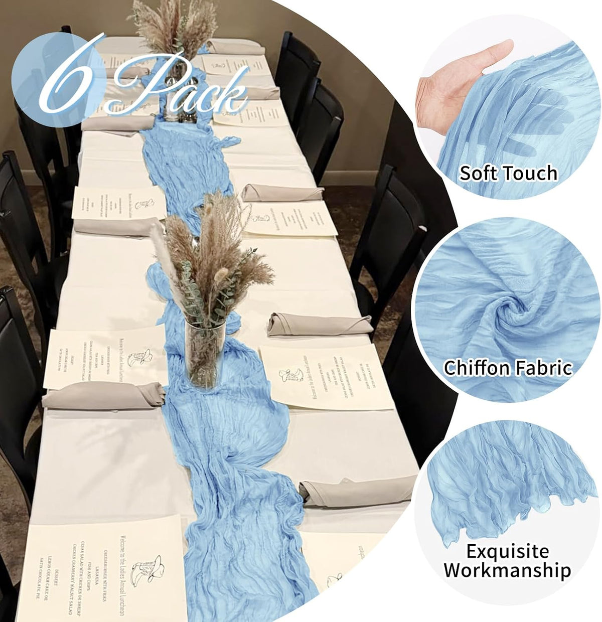 6 Pack Baby Blue Cheesecloth Table Runner 20 x 120 Inch Gauze Table Runner Fabric Semi Sheer Cheese Cloth Table Decor Bulk for Rustic Romantic Wedding Baby Shower Party Table Decoration