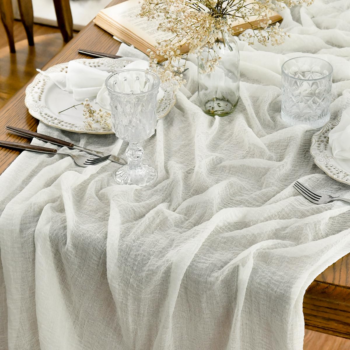 Artoid Mode Boho Forest Green 10Pcs Cheesecloth Gauze Table Runner, 120 Inch Seasonal Fabric Kitchen Dining Holiday Table Decor for Home Party Indoor