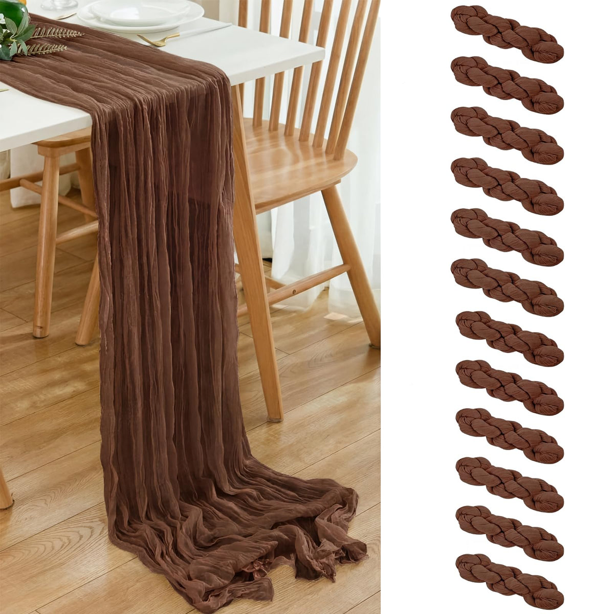 6 Pack Brown 10 Ft Cheesecloth Table Runner 20x120 Inch Boho Wrinkled Sheer Romantic Gauze Decor for Wedding, Bridal Shower, Birthday Party