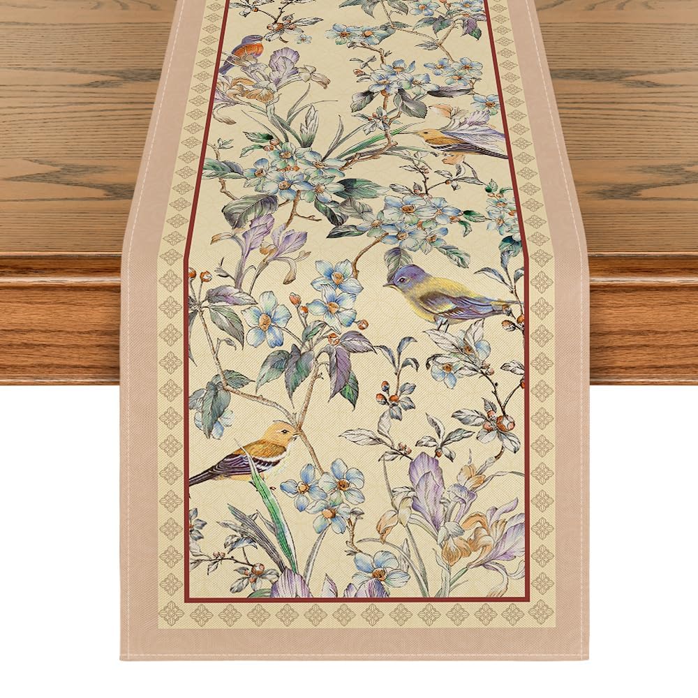Artoid Mode Blue Birds Flowers Blossom Table Runner, Seasonal Spring Floral Kitchen Dining Table Decoration for Home Party Decor 13x72 Inch