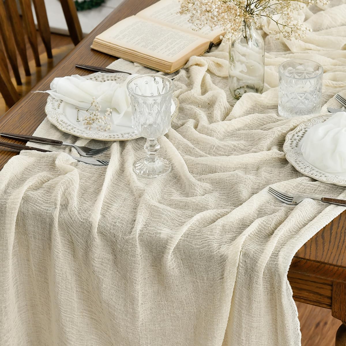 Artoid Mode Boho Forest Green 10Pcs Cheesecloth Gauze Table Runner, 120 Inch Seasonal Fabric Kitchen Dining Holiday Table Decor for Home Party Indoor