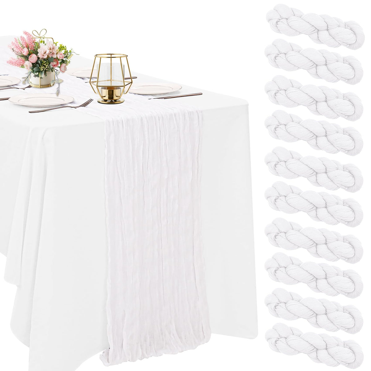 10 Pack Dusty Pink Cheesecloth Table Runner 10FT Boho Gauze Fabric Table Runner Vintage Rustic Sheer Runners for Wedding Party Bridal Baby Shower Long Table Decorations