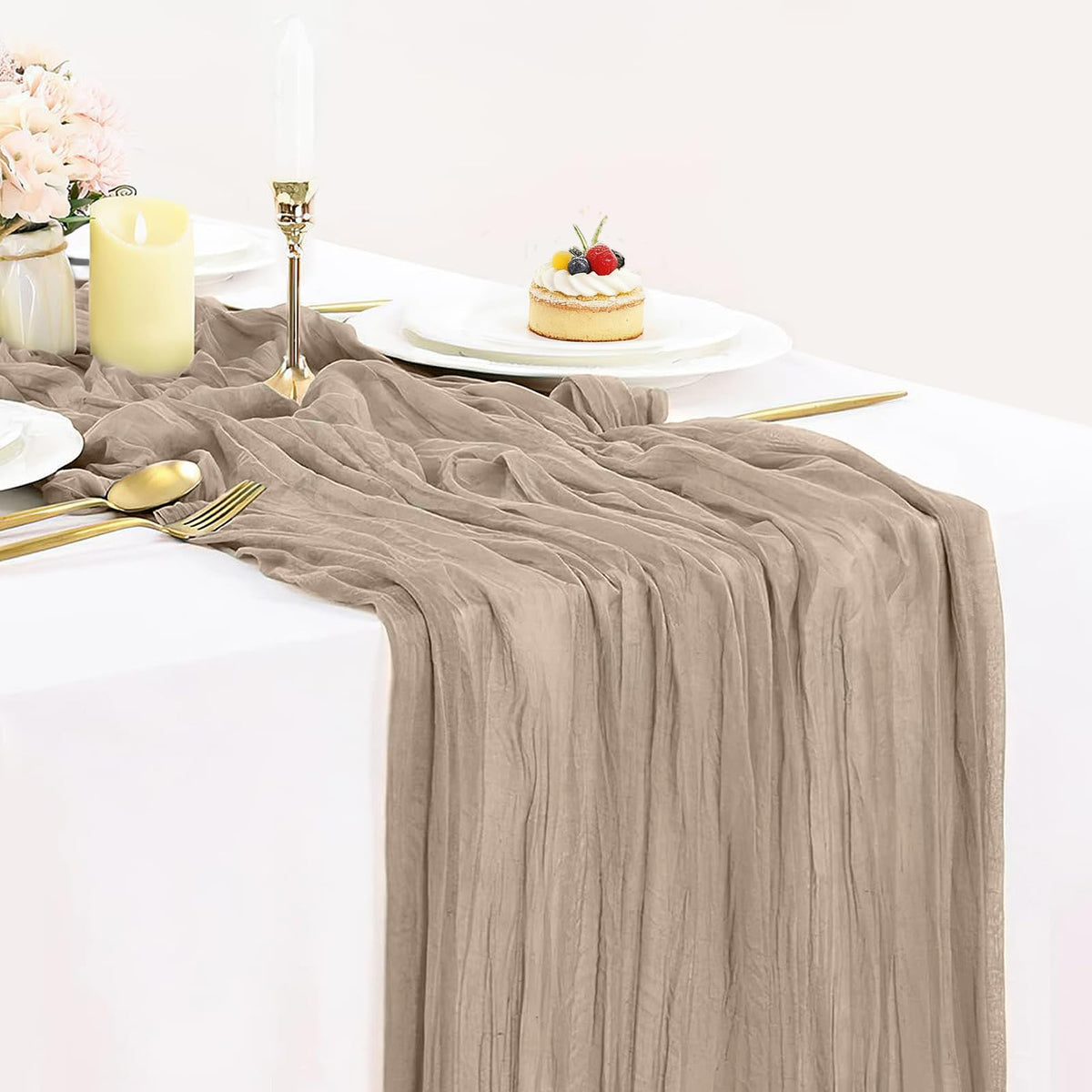12 Pack Champagne Cheesecloth Table Runner 35x120 Inches, Summer Cheese Cloth Table Runner 10FT Boho Sheer Gauze Runner for Bridal Shower Wedding Baby Shower Party Decor