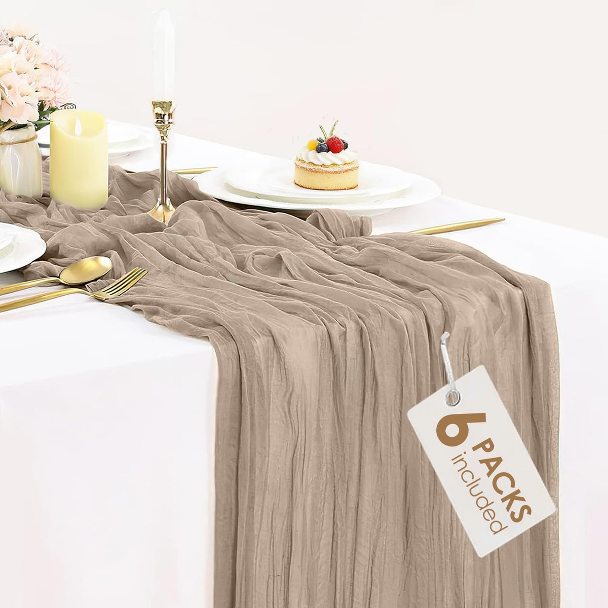 12 Pack Champagne Cheesecloth Table Runner 35x120 Inches, Summer Cheese Cloth Table Runner 10FT Boho Sheer Gauze Runner for Bridal Shower Wedding Baby Shower Party Decor