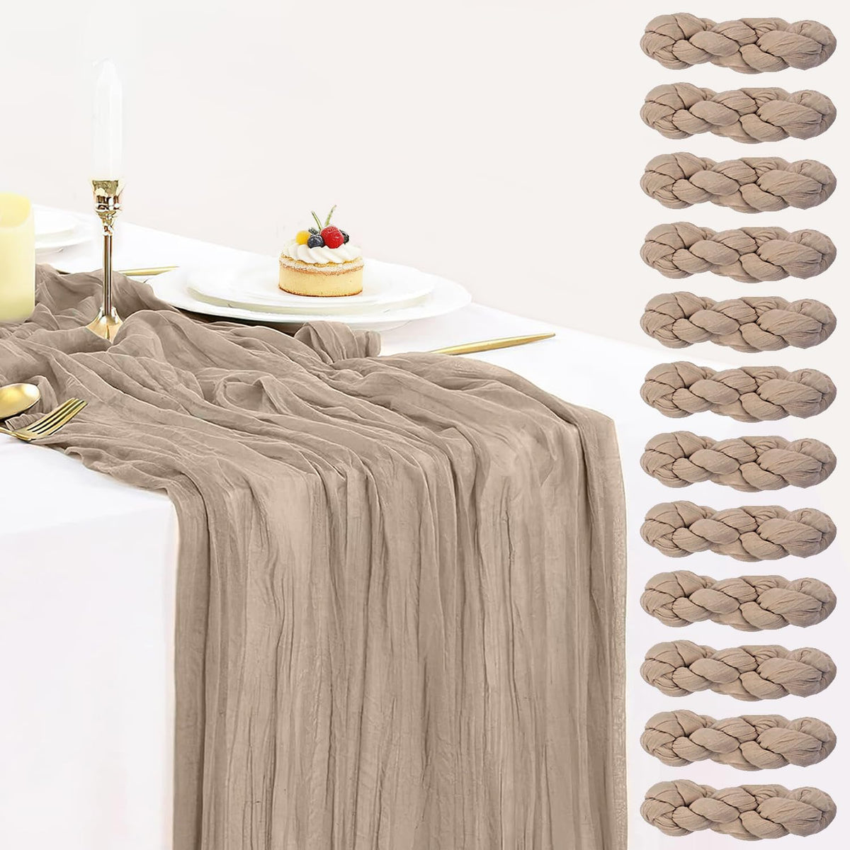 12 Pack Champagne Cheesecloth Table Runner 35x120 Inches, Summer Cheese Cloth Table Runner 10FT Boho Sheer Gauze Runner for Bridal Shower Wedding Baby Shower Party Decor