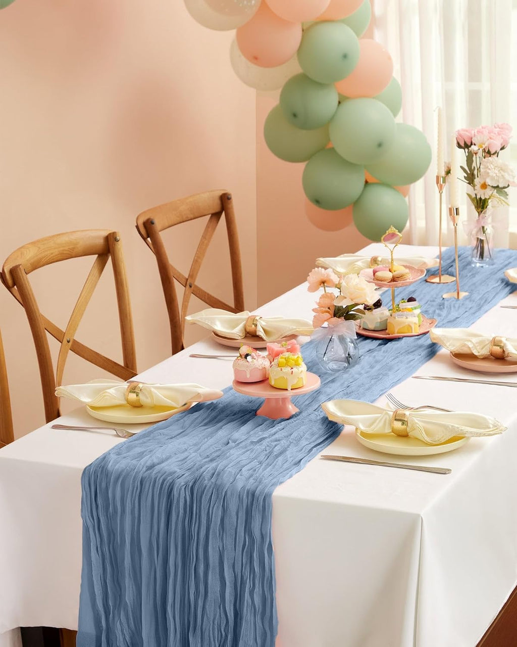 Pureegg 2 Pack Cheesecloth Table Runner 120 Inch Dusty Blue