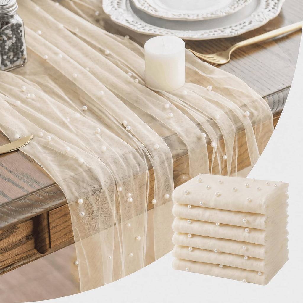 Artoid Mode 6-Pack Pearl Beige Gauze Table Runner 10FT Home Decor