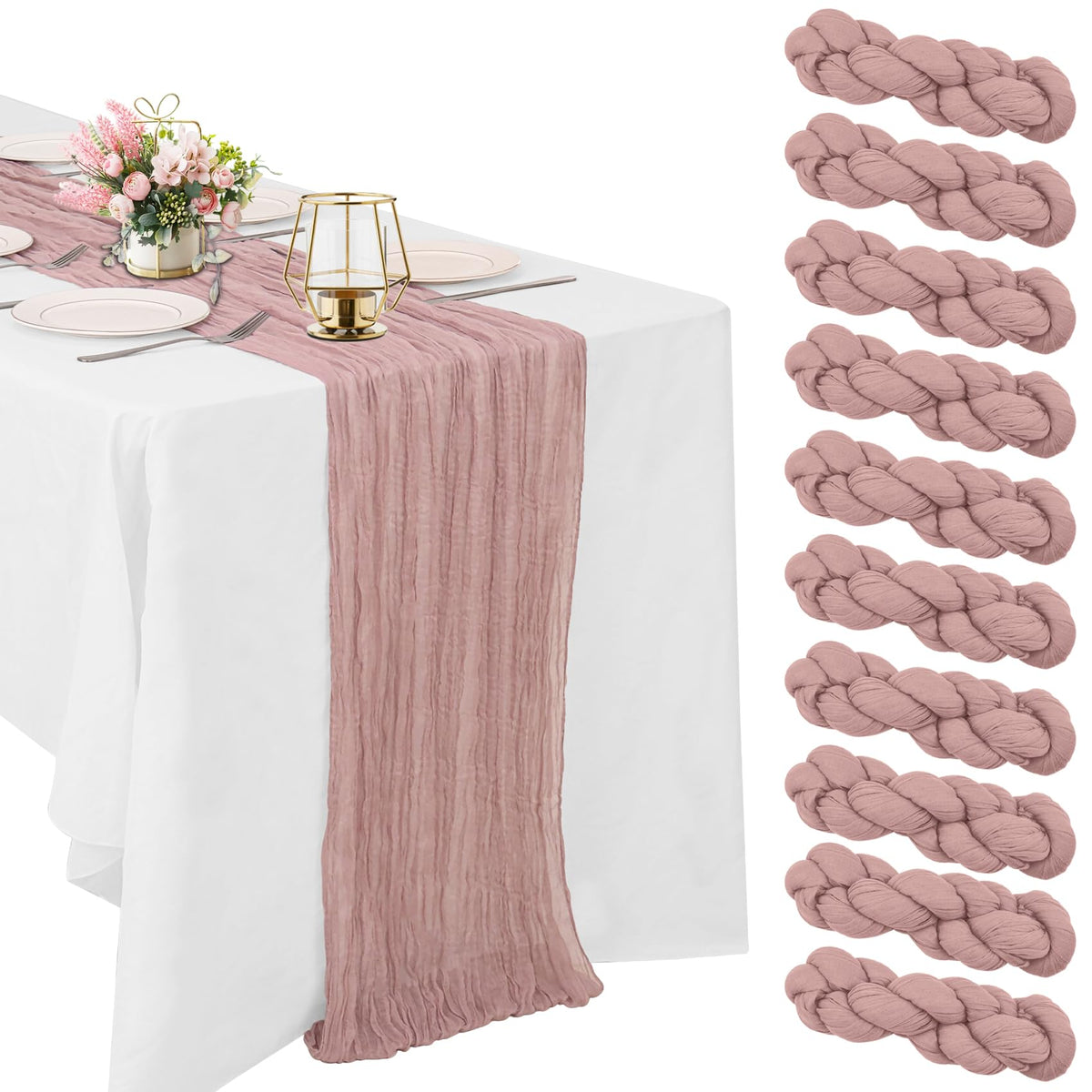10 Pack Dusty Pink Cheesecloth Table Runner 10FT Boho Gauze Fabric Table Runner Vintage Rustic Sheer Runners for Wedding Party Bridal Baby Shower Long Table Decorations