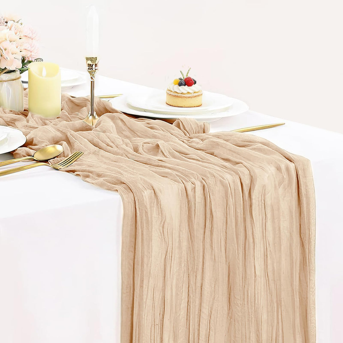 12 Pack Champagne Cheesecloth Table Runner 35x120 Inches, Summer Cheese Cloth Table Runner 10FT Boho Sheer Gauze Runner for Bridal Shower Wedding Baby Shower Party Decor