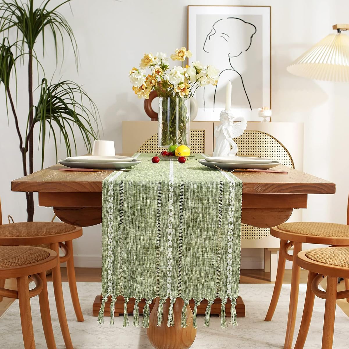 Wracra Rustic Linen Table Runner, White Table Runners 72 inches Long