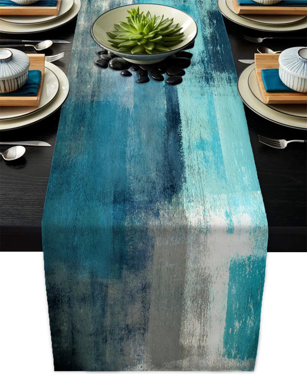 Blue Grey Table Runners Modern Art Farmhouse Linen Table Runners Dresser Scarves Retro Rustic Style for Party Kitchen Dining Table Coffee Holiday Party Decor (Blue Grey, 13"x 71")