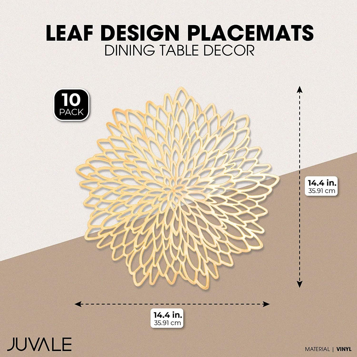 Juvale 10 Pack Gold Vinyl Placemats - 14.4" x 14.4" Round Table Mats and Plate Chargers with Leaf Design for Elegant Table Decor and Protection - Stylish Charger Plates for Events and Wedding Parties