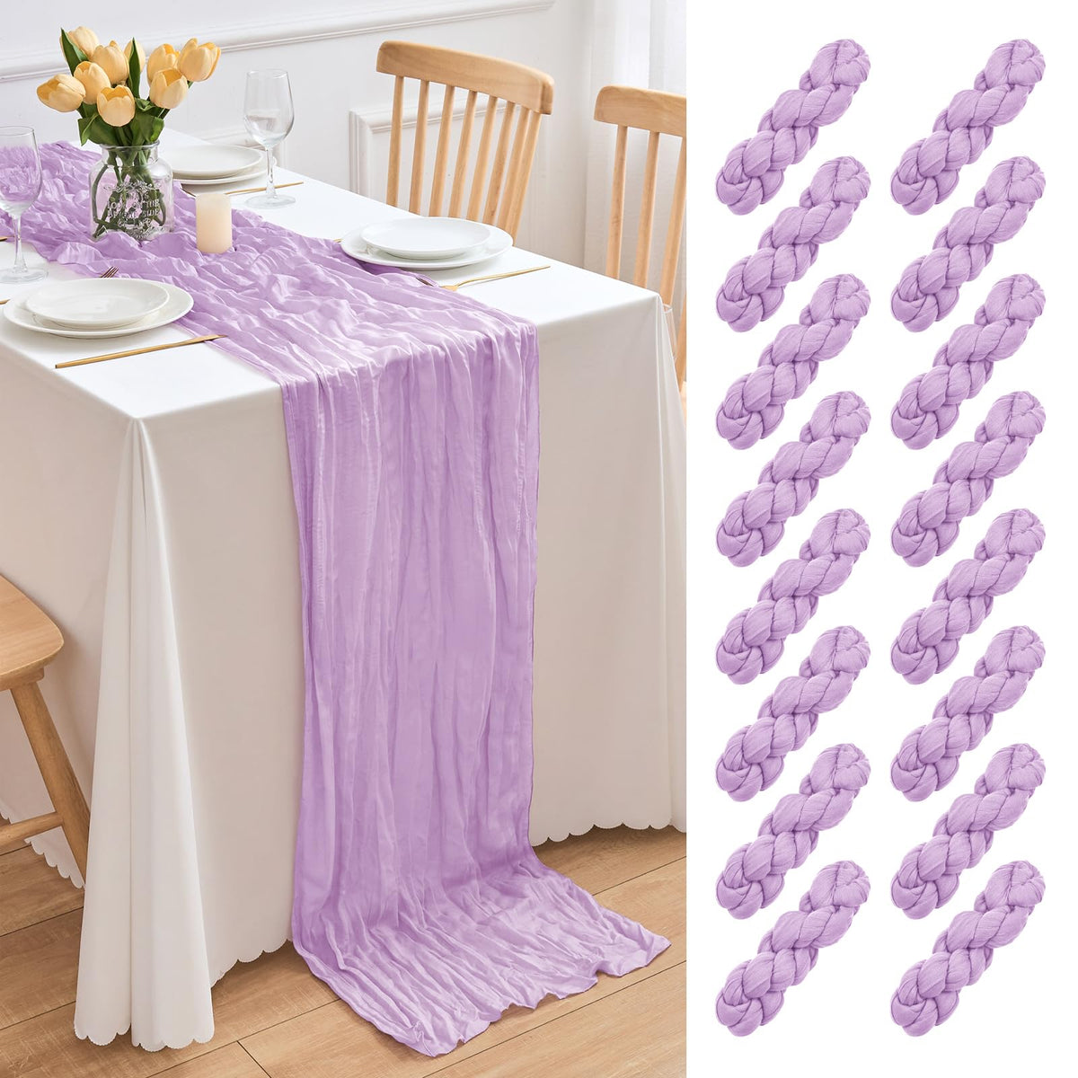 16 Pack Lavender Cheesecloth Table Runner 21.5 x 120 Inches Boho Gauze Table Runners 10FT Long Cheese Cloth Table Runner for Bridal Shower Baby Shower Birthday Party Wedding Decor