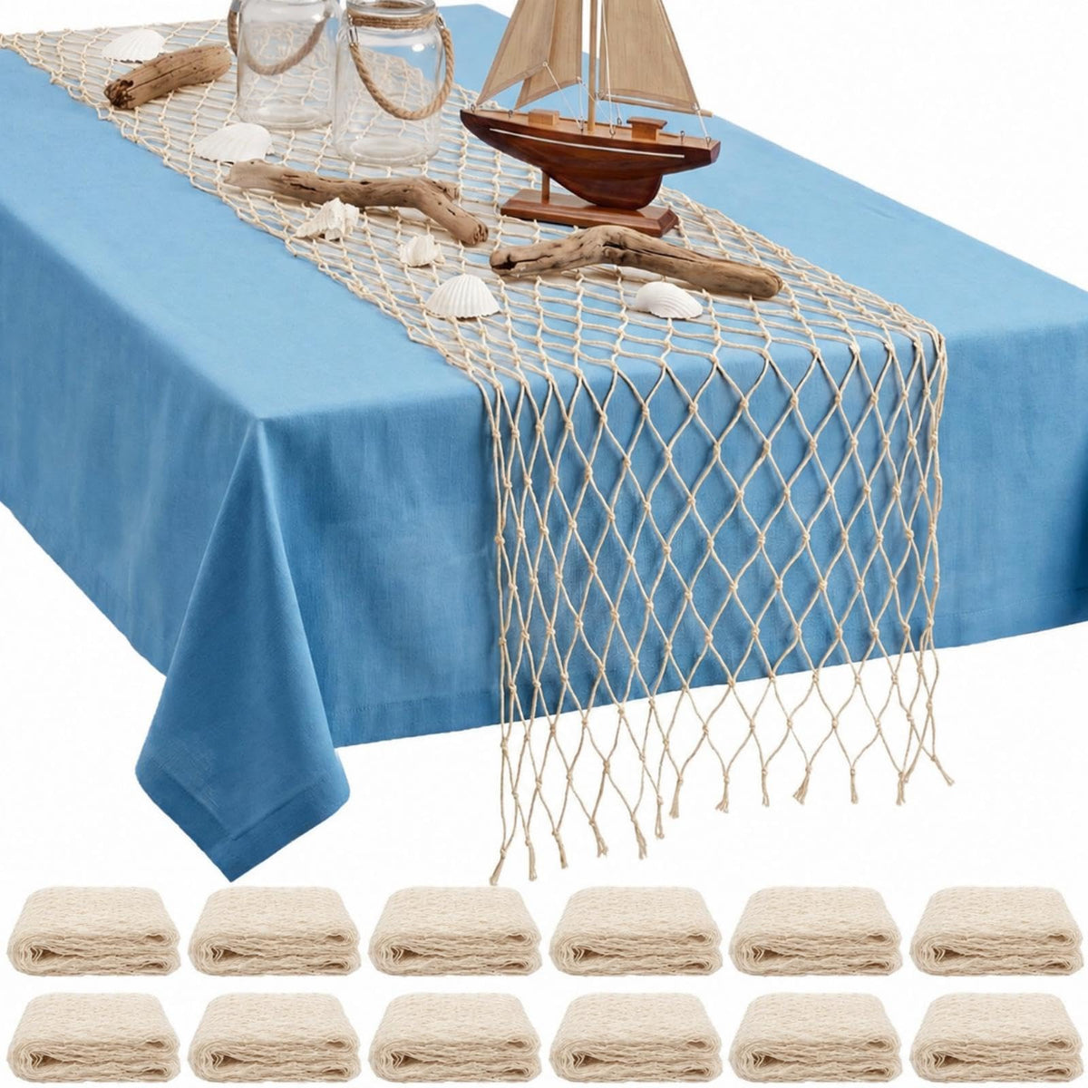 SATINIOR 6 Pcs 12 x 72'' Fishing Net Table Runner Party Decor, Natural