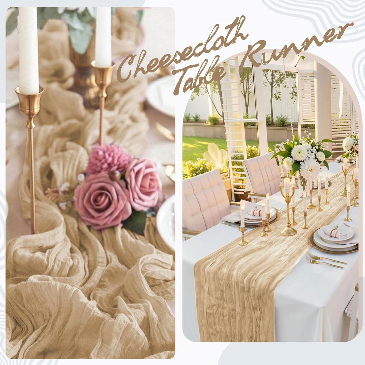 12 Pack Beige Cheesecloth Table Runner 17x108 Inch Boho Gauze Cheese Cloth Table Runners Rustic Sheer Runner for Wedding Party Baby Shower Birthday Home Decor