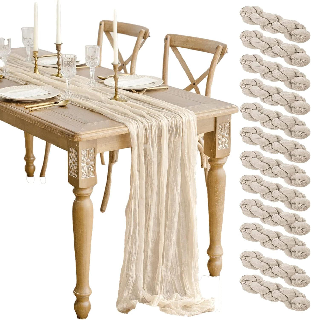 12 Pcs Beige Cheesecloth Table Runner 13ft Boho Gauze Cheesecloth Table Runner 160 inch Long for Christmas Wedding Bridal Baby Shower Birthday Table Decorations