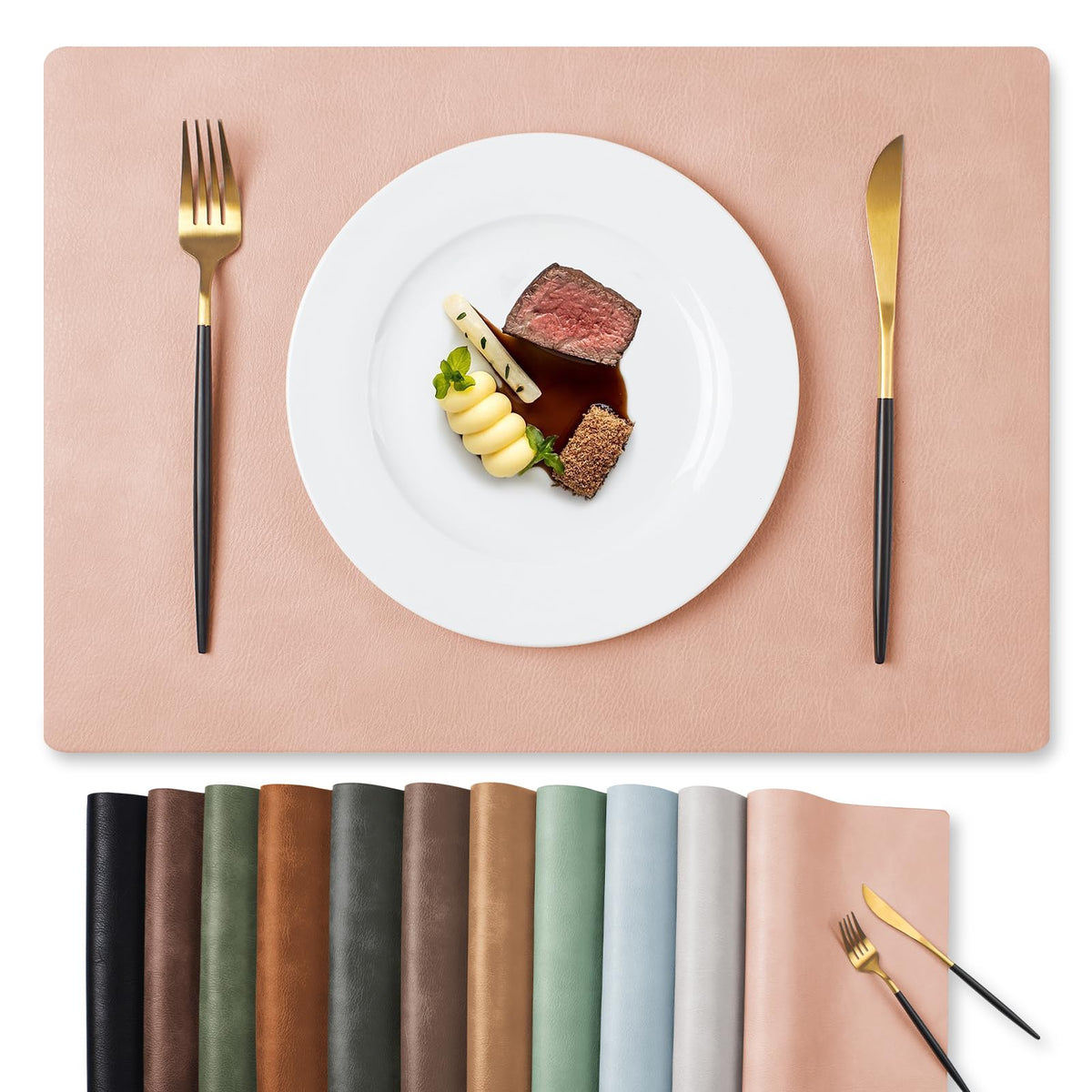 MOSAYT Fall Vinyl Faux Leather Placemats, Set of 6, Reddish Brown