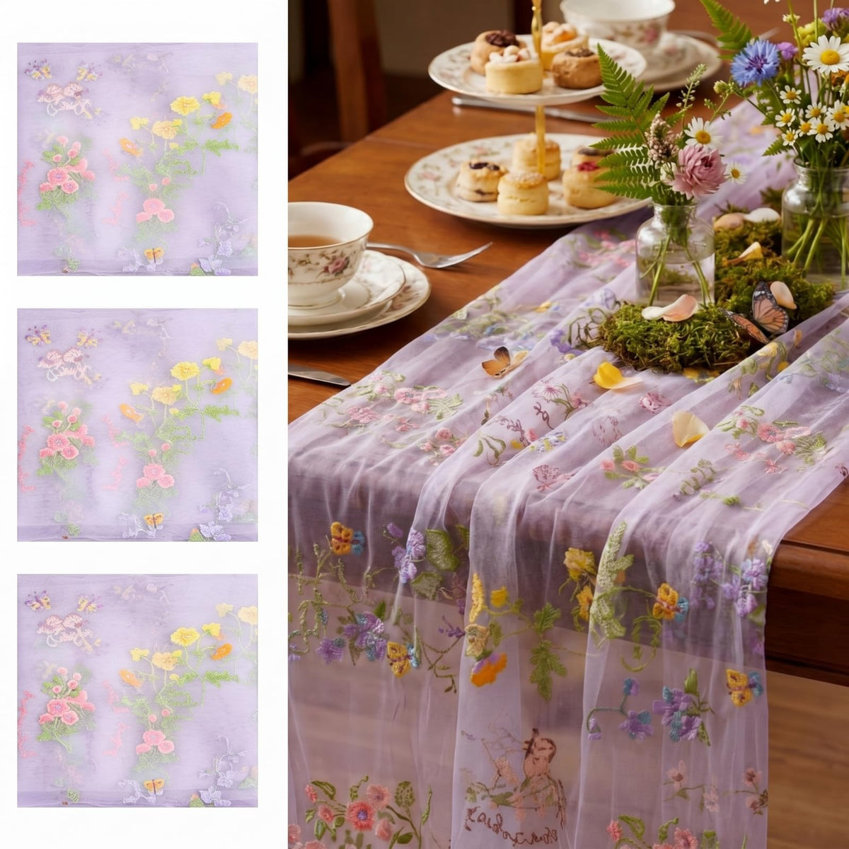 Ivory White Floral Table Runner 10ft Embroidery Tulle Wildflower