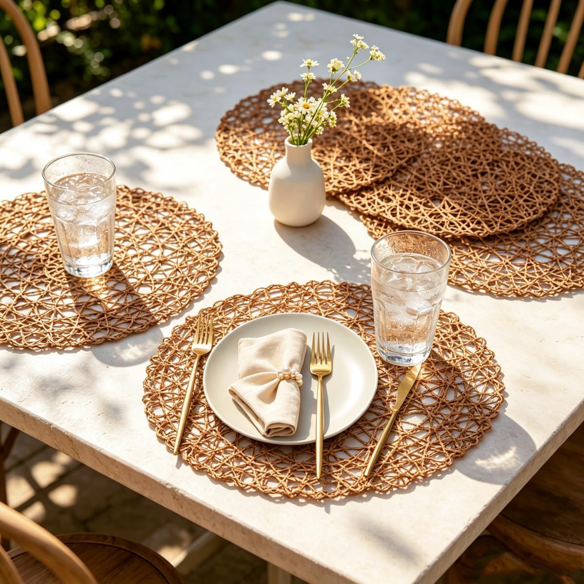 IcosaMro Brown Round Placemats Set of 12 for Dining Table, 13 Inches Paper Woven Boho Small Decorative Circle Place Mat for Wedding Christmas Thanksgiving Day Holiday Dinner, Light Coffee Brown