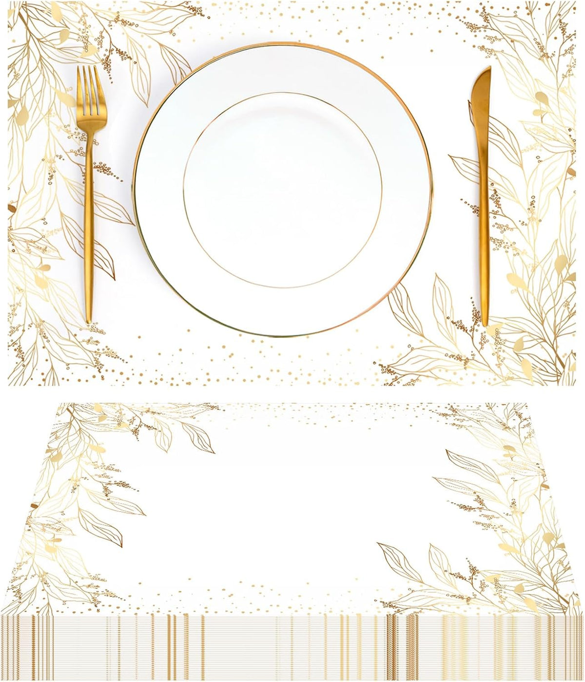 50 Pack Golden Leaves Paper Placemats Disposable Golden Polka Dots Paper Place Mats 11 x 17 Inch Vintage Paper Table Mats Party Decorative Paper for Wedding Banquet Party Home Dining Table Decor