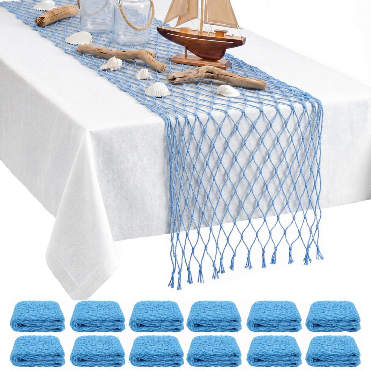 SATINIOR 6 Pcs 12 x 72'' Fishing Net Table Runner Party Decor, Natural