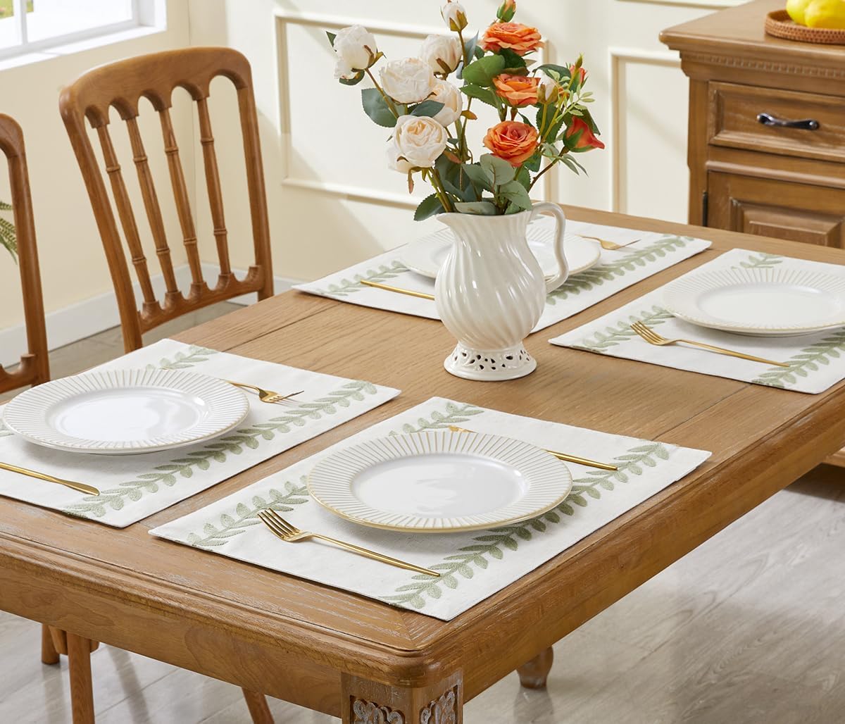 Wracra Embroidered Place Mats, Sage Green Rustic Placemats Set of 4