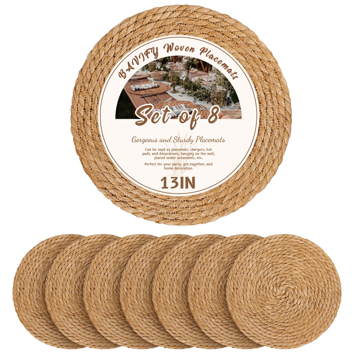BAVIFY 13" Round Woven Placemats Set of 10, Plate Chargers for Dining Table