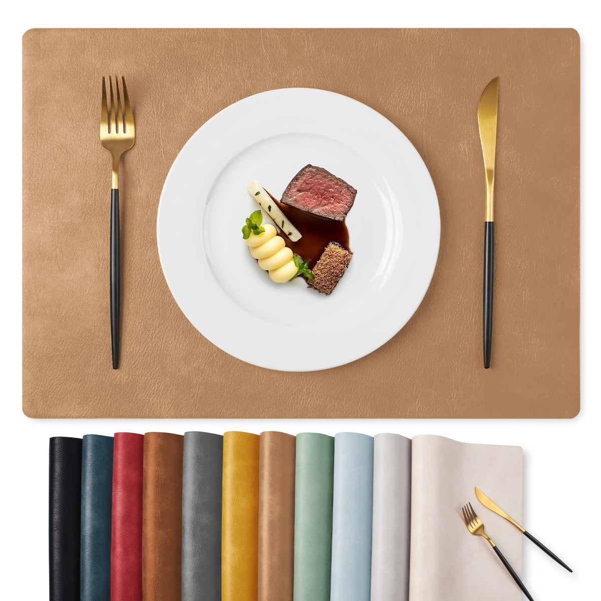 MOSAYT Fall Vinyl Faux Leather Placemats, Set of 6, Reddish Brown
