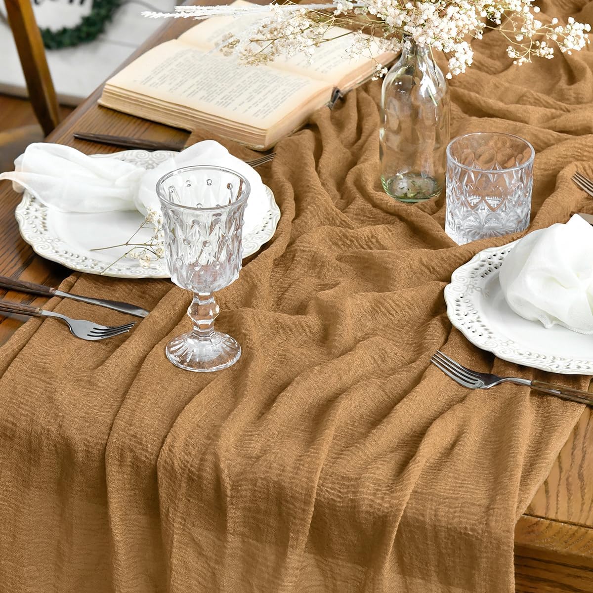 Artoid Mode Boho Forest Green 10Pcs Cheesecloth Gauze Table Runner, 120 Inch Seasonal Fabric Kitchen Dining Holiday Table Decor for Home Party Indoor