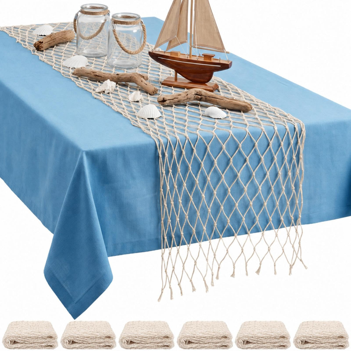 SATINIOR 6 Pcs 12 x 72'' Fishing Net Table Runner Party Decor, Natural