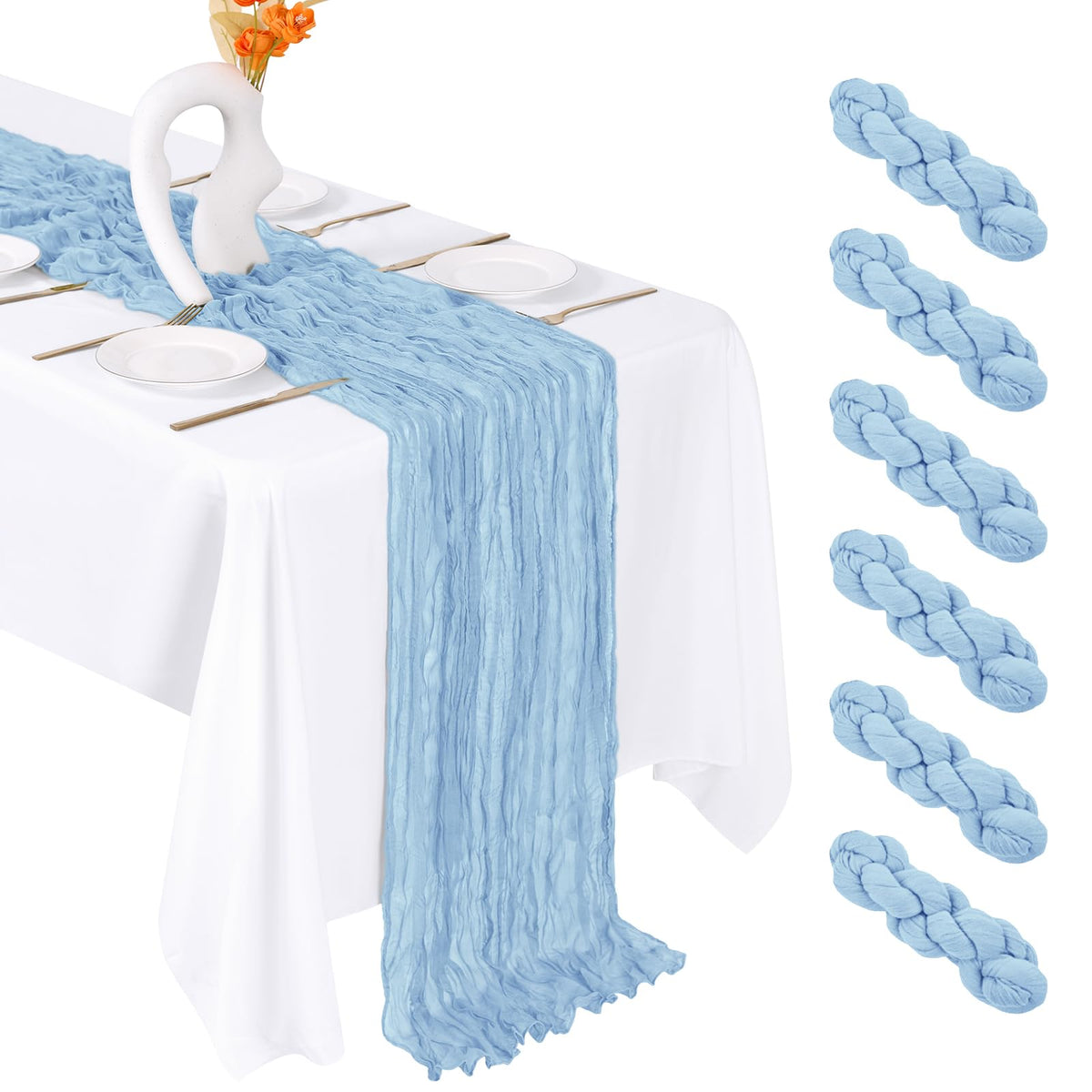 6 Pack Baby Blue Cheesecloth Table Runner 20 x 120 Inch Gauze Table Runner Fabric Semi Sheer Cheese Cloth Table Decor Bulk for Rustic Romantic Wedding Baby Shower Party Table Decoration