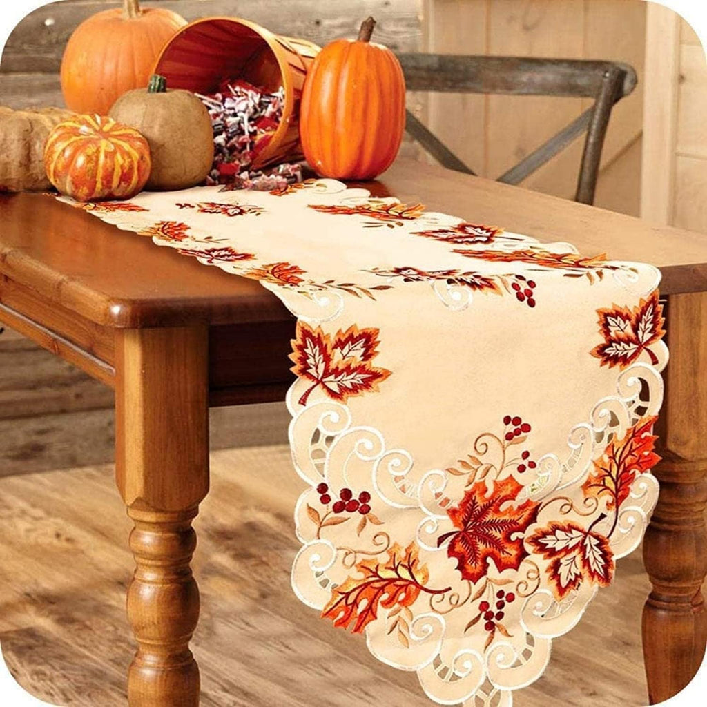 Embroidered Fall Table Runner 15x67In, Maple Leaf Thanksgiving Table Runner