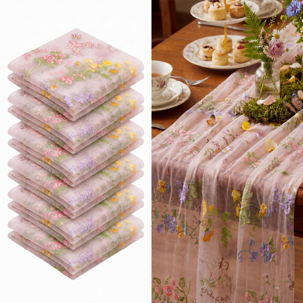 Ivory White Floral Table Runner 10ft Embroidery Tulle Wildflower