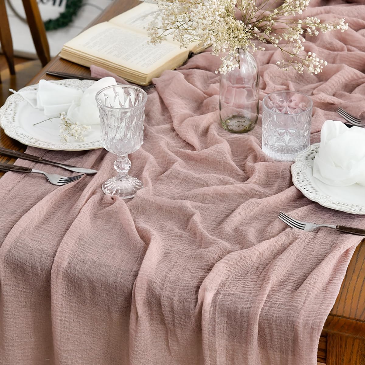 Artoid Mode Boho Forest Green 10Pcs Cheesecloth Gauze Table Runner, 120 Inch Seasonal Fabric Kitchen Dining Holiday Table Decor for Home Party Indoor