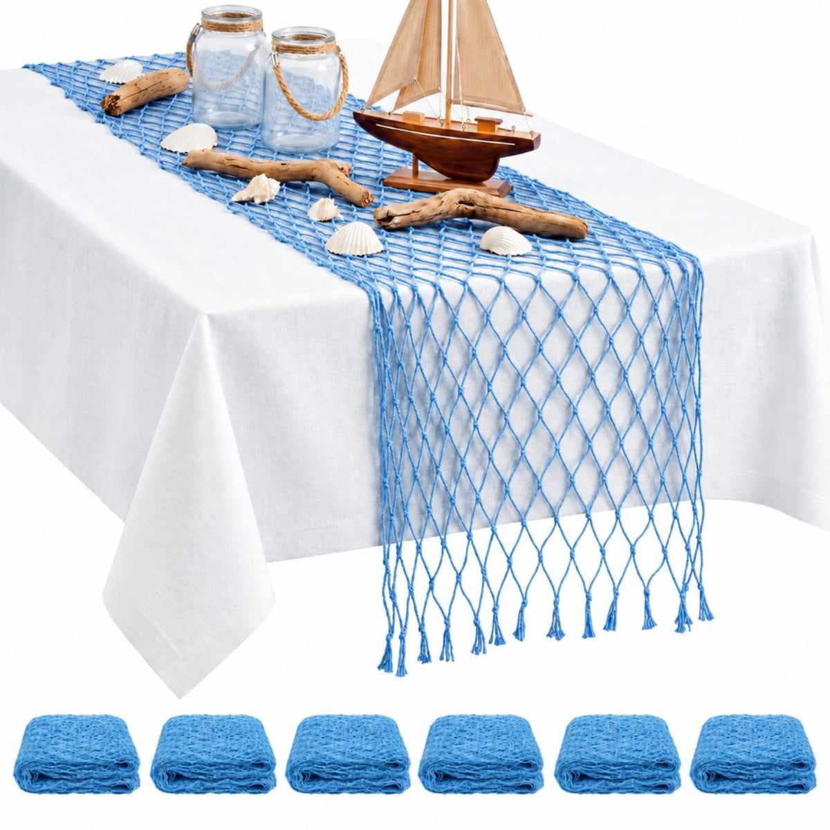 SATINIOR 6 Pcs 12 x 72'' Fishing Net Table Runner Party Decor, Natural