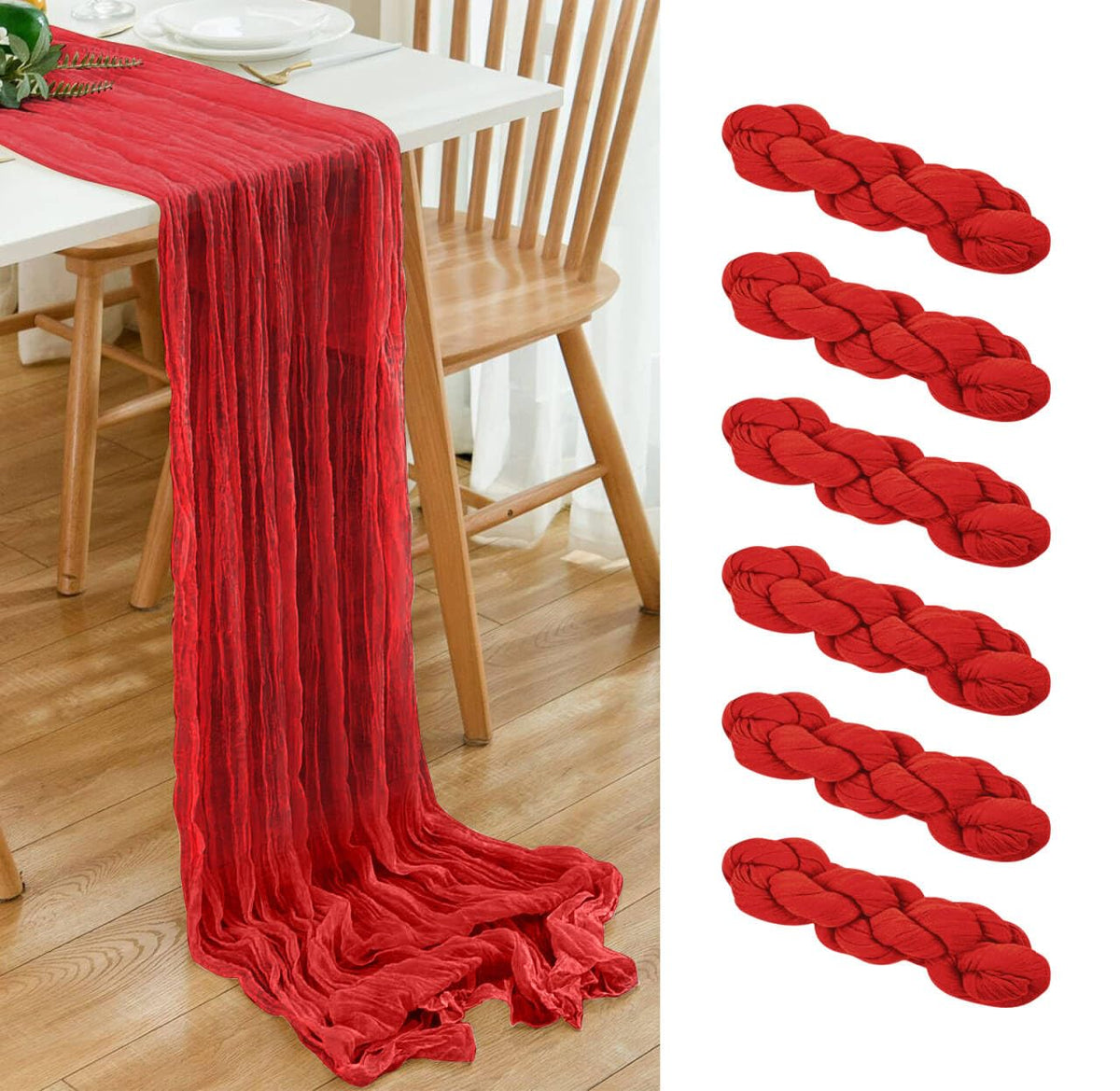 6 Pack Brown 10 Ft Cheesecloth Table Runner 20x120 Inch Boho Wrinkled Sheer Romantic Gauze Decor for Wedding, Bridal Shower, Birthday Party