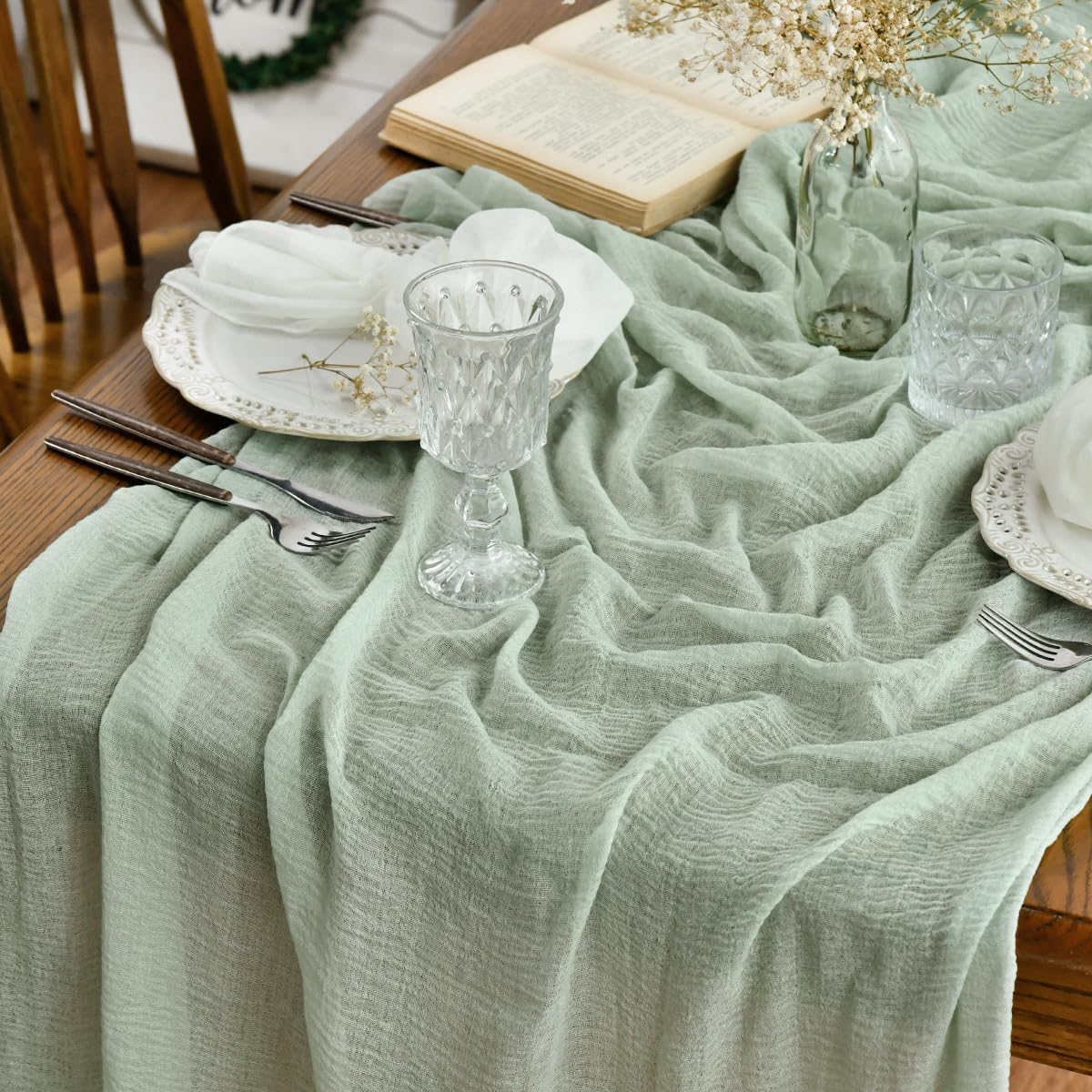 Artoid Mode Boho Forest Green 10Pcs Cheesecloth Gauze Table Runner, 120 Inch Seasonal Fabric Kitchen Dining Holiday Table Decor for Home Party Indoor